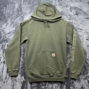 Carhartt Hoodie Mens Small Green Sleeve Graphic Logo Original Fit Pullover